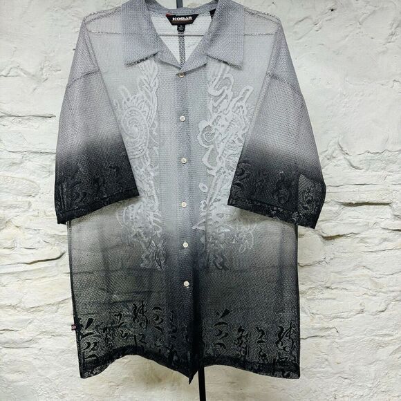 Vintage Sheer Dragon Print Mesh Club Shirt KOMAN 90s Y2K Gray Black Ombré XL - Picture 1 of 7
